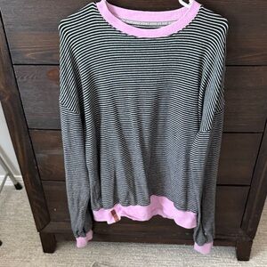 AMPERSAND AVE Black and White Striped Sweatshirt with Pink Accents